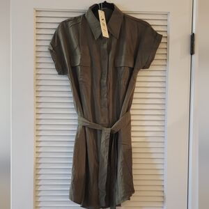 SMX - (NWT) Olive Green Short-Sleeve Mini Shirt Dress With Front Pockets & Belt